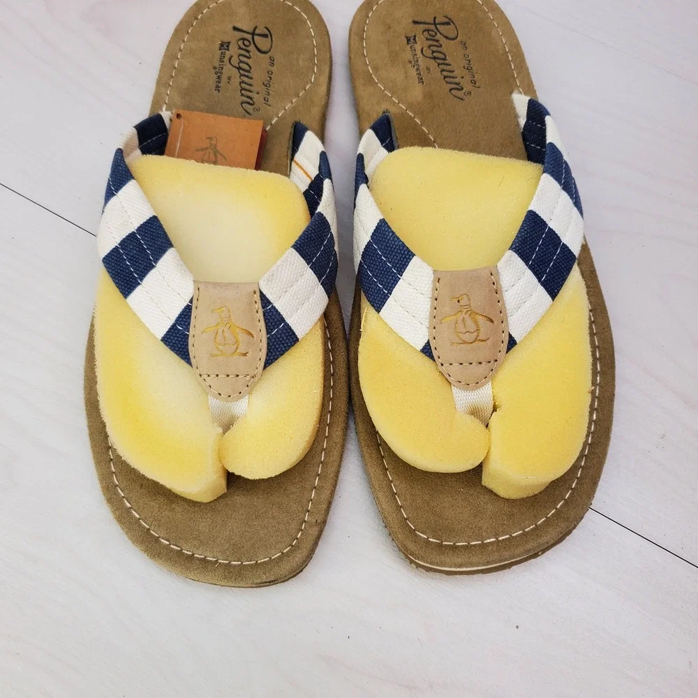 Original Penguin Mens Stripe Flip Flop‎ Sandals Blue White Size 11 Preppy Retro